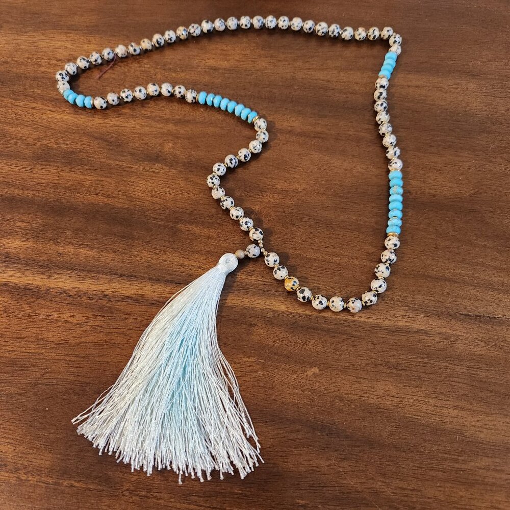Dalmation Jasper & Turquoise Beaded Long Tassel Mala Style Necklace